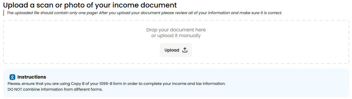 The upload area and the instructions box on the 1099-B page.