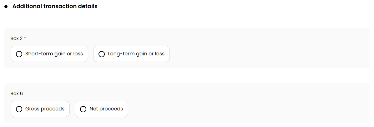 The Additional transaction details section with options for Box 2 and Box 6.