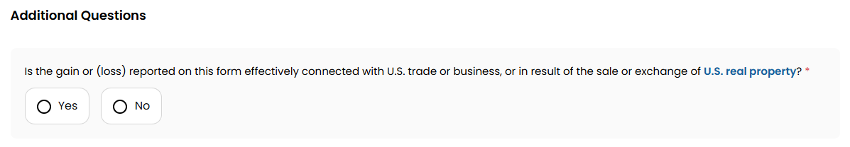 The question about gain or loss effectively connected with a U.S. trade or business, with Yes and No options.