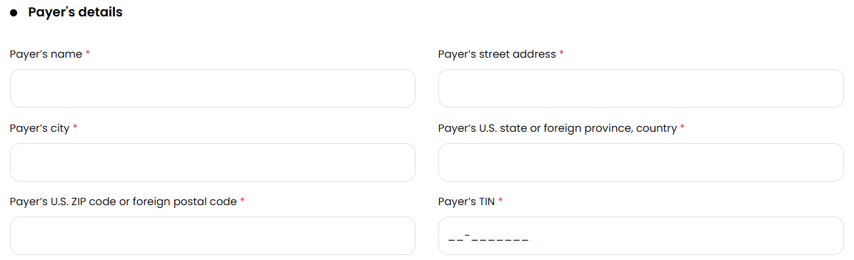 The Payer's details section with name, address, city, state or country, ZIP code, and TIN fields.