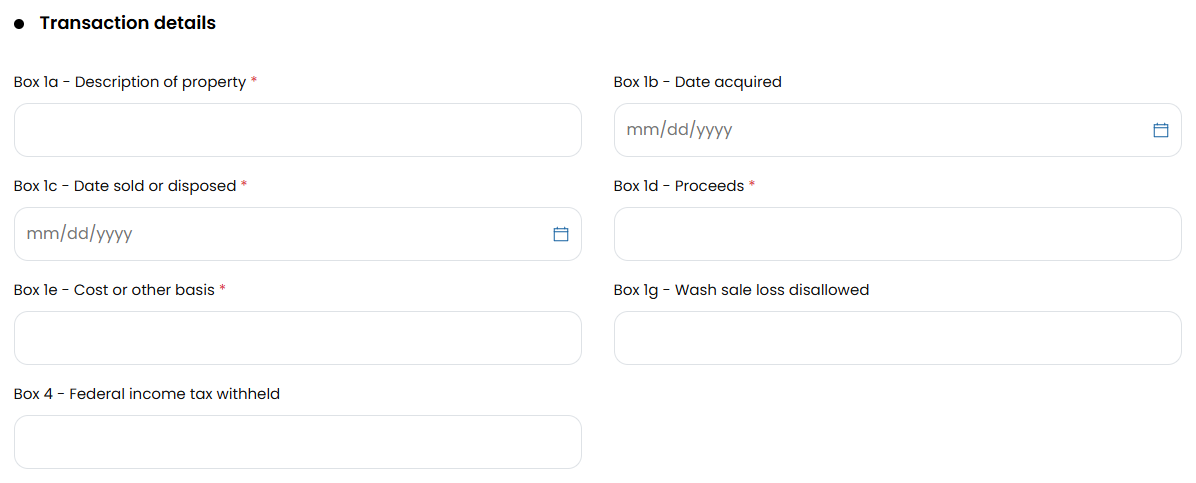 The Transaction details section with fields for Box 1a, 1b, 1c, 1d, 1e, 1g, and Box 4.